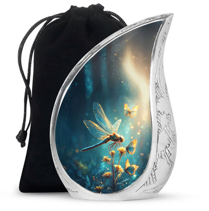Cobalt Blue Dragonfly Cremation Urn front view showing detailed design - smooth teardrop contour featuring dragonfly art - full-size 10 inch 200 cubic inch adult cremation urn