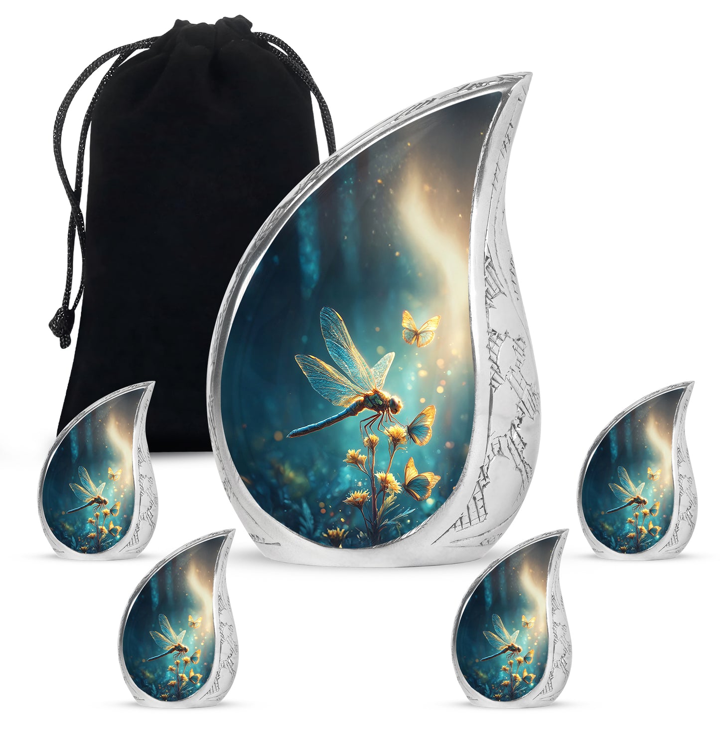 Calming Blue Dragonfly Cremation Urn side profile showing urn shape - smooth teardrop contour featuring dragonfly art - memorial set with one large and four small urns