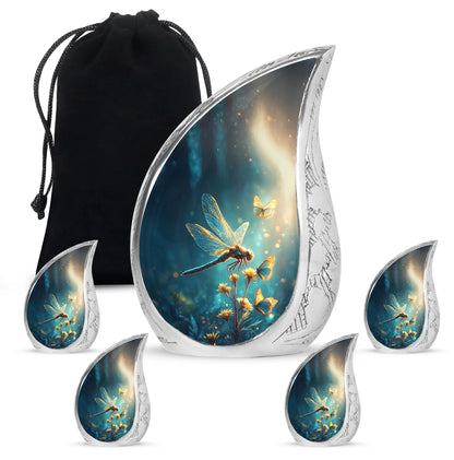 Calming Blue Dragonfly Cremation Urn side profile showing urn shape - smooth teardrop contour featuring dragonfly art - memorial set with one large and four small urns