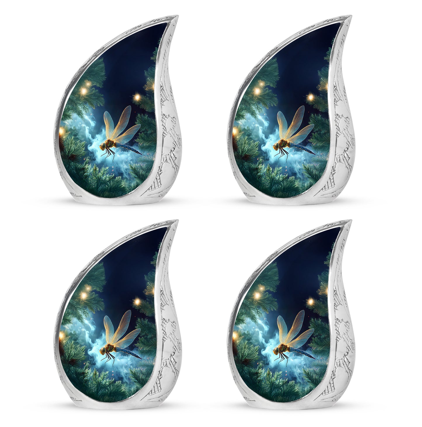 Indigo Dragonfly Cremation Urn close-up of engraving and surface detail - rounded teardrop dragonfly design with delicate detail - 10 inch aluminum urn for cremated remains