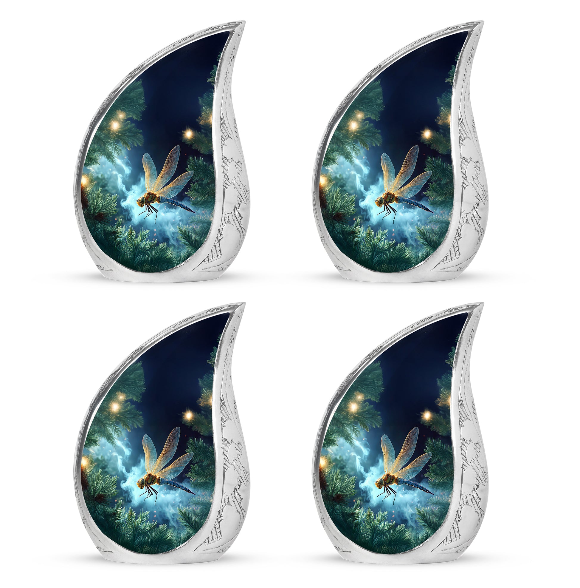 Indigo Dragonfly Cremation Urn close-up of engraving and surface detail - rounded teardrop dragonfly design with delicate detail - 10 inch aluminum urn for cremated remains