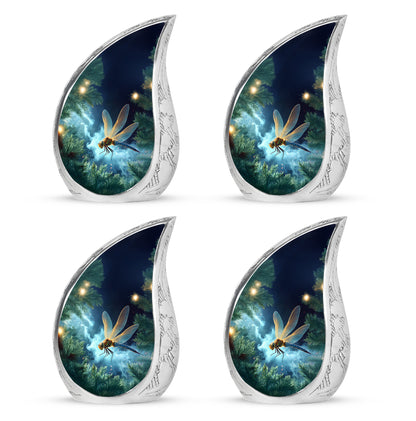 Indigo Dragonfly Cremation Urn close-up of engraving and surface detail - rounded teardrop dragonfly design with delicate detail - 10 inch aluminum urn for cremated remains