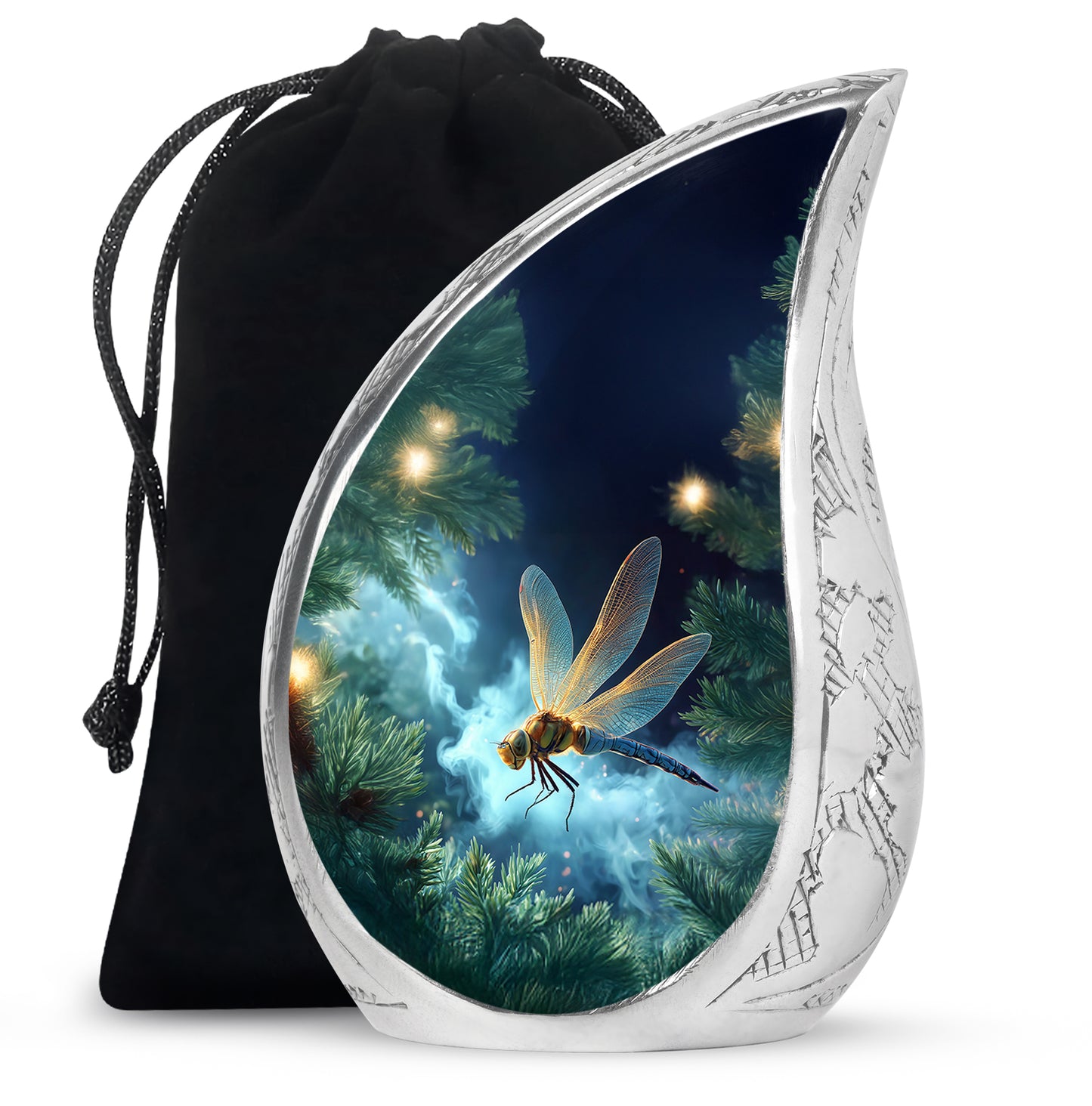 Cobalt Blue Dragonfly Cremation Urn front view showing detailed design - graceful tear-shaped urn with dragonfly motif - full-size 10 inch 200 cubic inch adult cremation urn