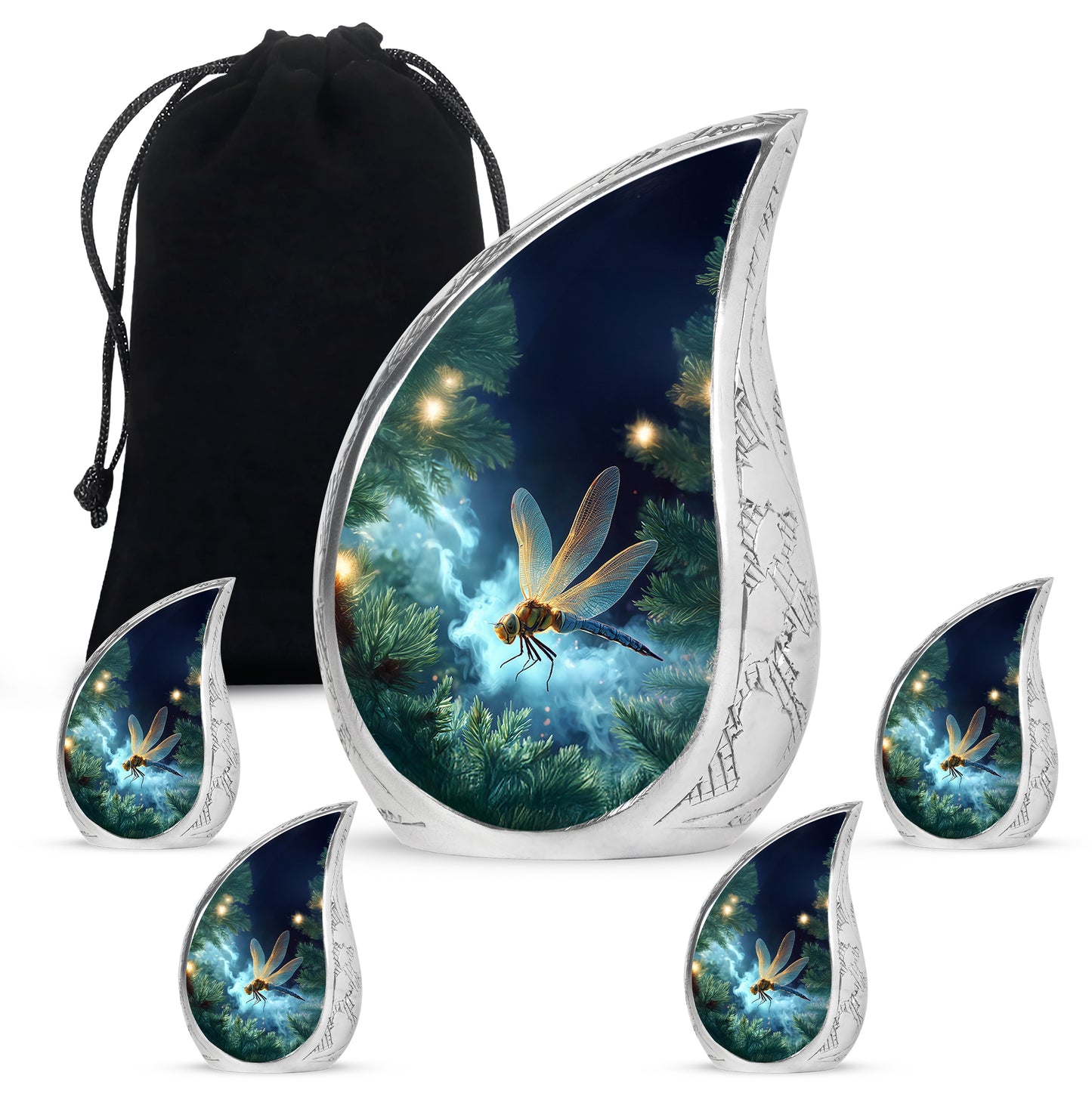 Misty Blue Dragonfly Cremation Urn side profile showing urn shape - flowing teardrop dragonfly silhouette on curved aluminum - memorial set with one large and four small urns