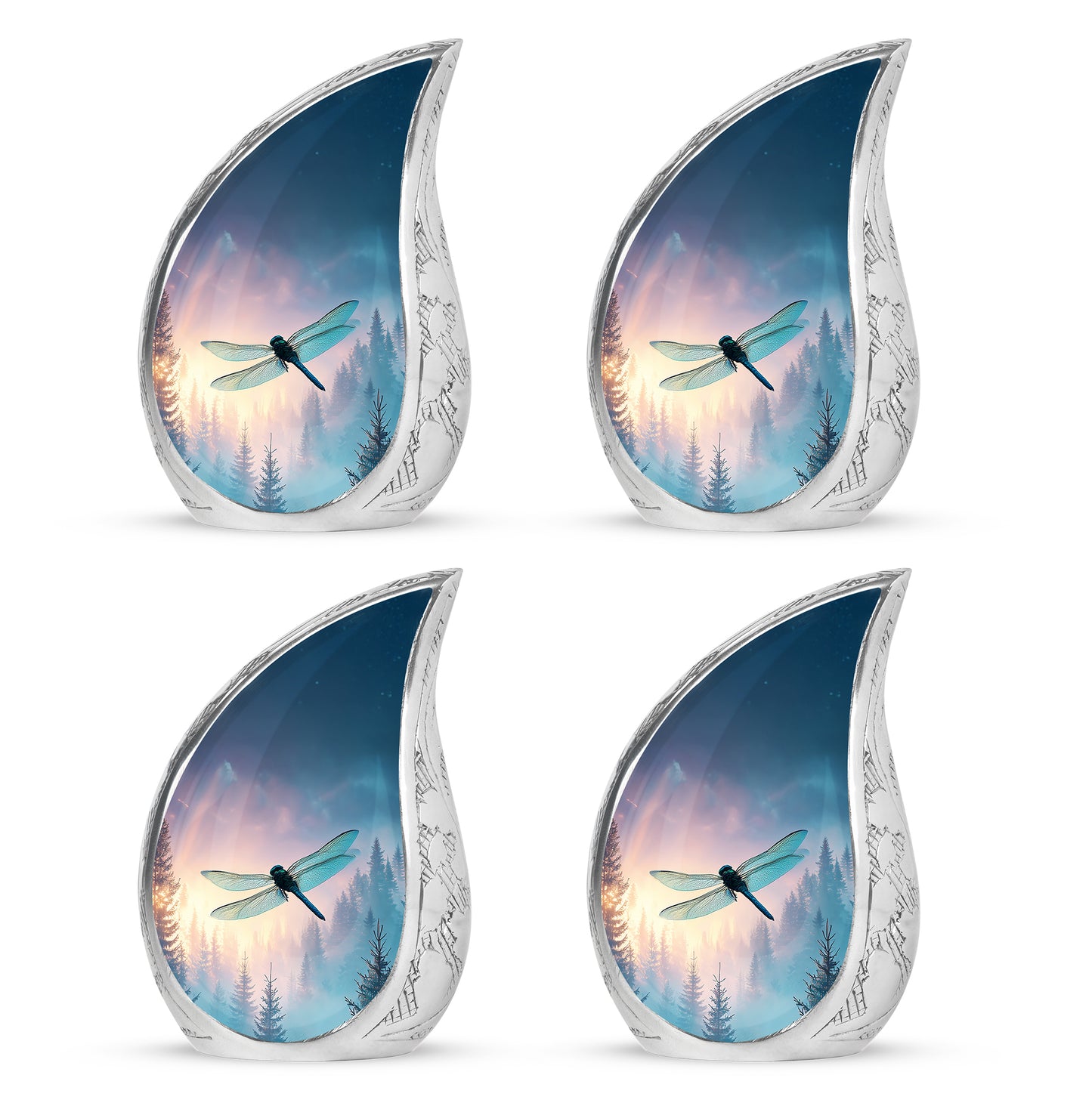 Sky Blue Dragonfly Cremation Urn close-up of engraving and surface detail - flowing teardrop dragonfly silhouette on curved aluminum - 10 inch aluminum urn for cremated remains