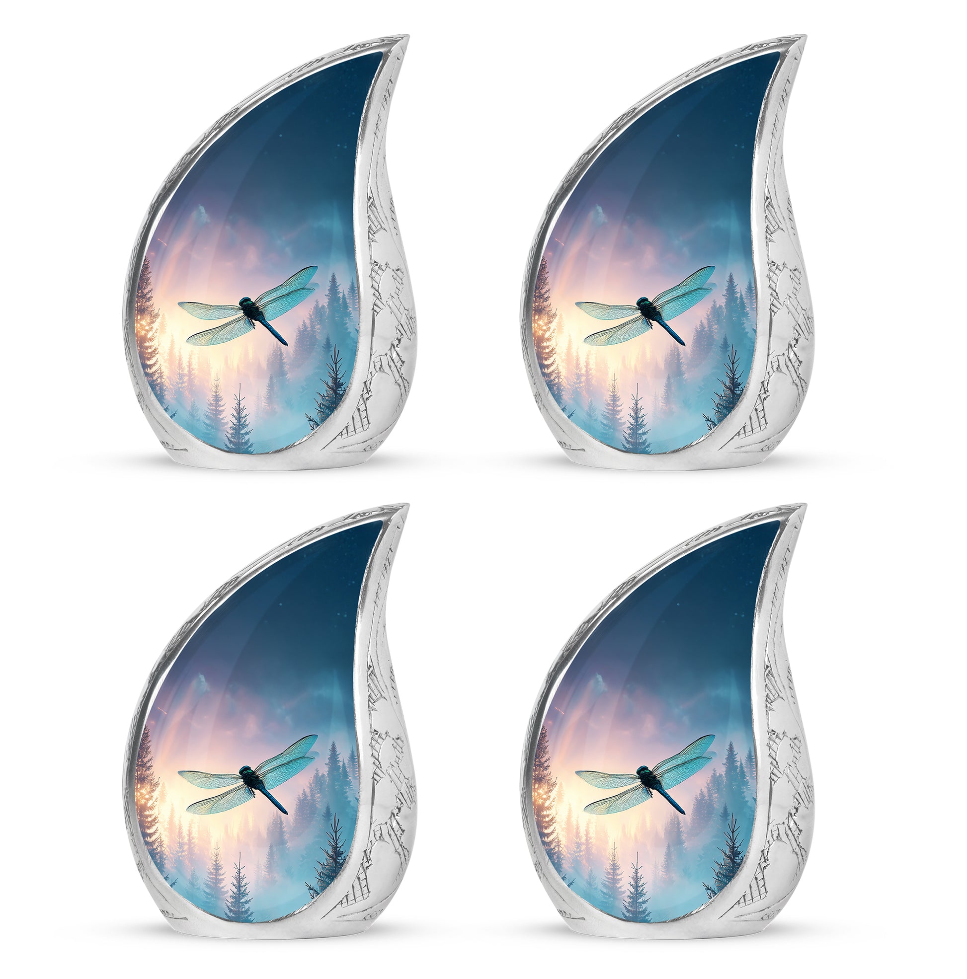 Sky Blue Dragonfly Cremation Urn close-up of engraving and surface detail - flowing teardrop dragonfly silhouette on curved aluminum - 10 inch aluminum urn for cremated remains