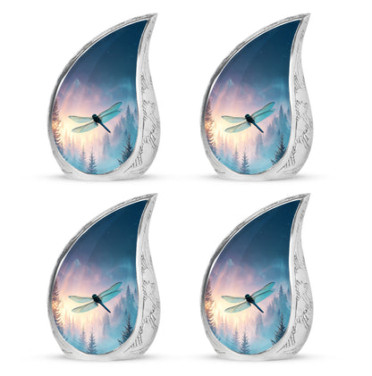 Sky Blue Dragonfly Cremation Urn close-up of engraving and surface detail - flowing teardrop dragonfly silhouette on curved aluminum - 10 inch aluminum urn for cremated remains
