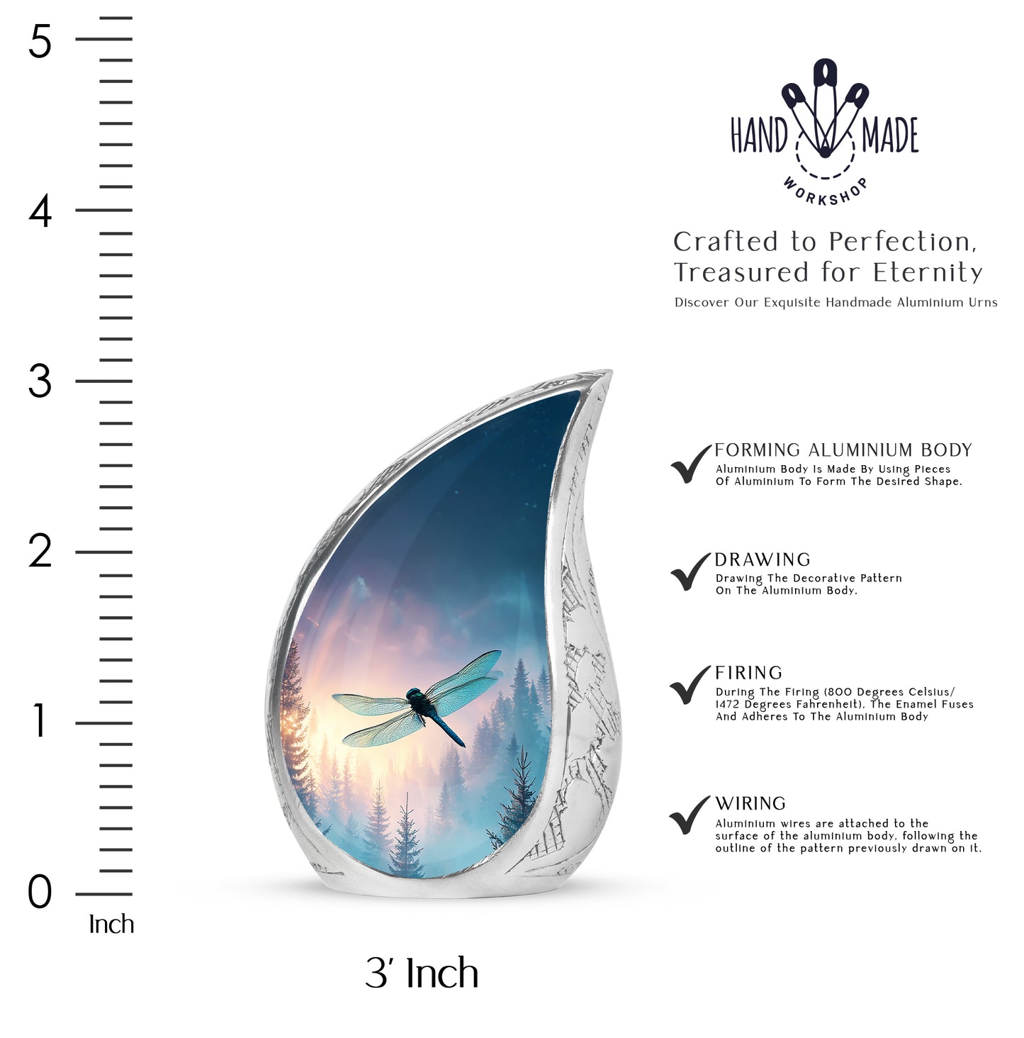 Royal Blue Dragonfly Cremation Urn angled view of lid and engraved motif - graceful tear-shaped urn with dragonfly motif - mini keepsake memorial for portion of cremation ashes
