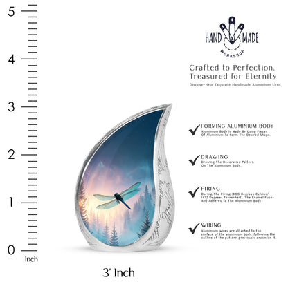 Royal Blue Dragonfly Cremation Urn angled view of lid and engraved motif - graceful tear-shaped urn with dragonfly motif - mini keepsake memorial for portion of cremation ashes