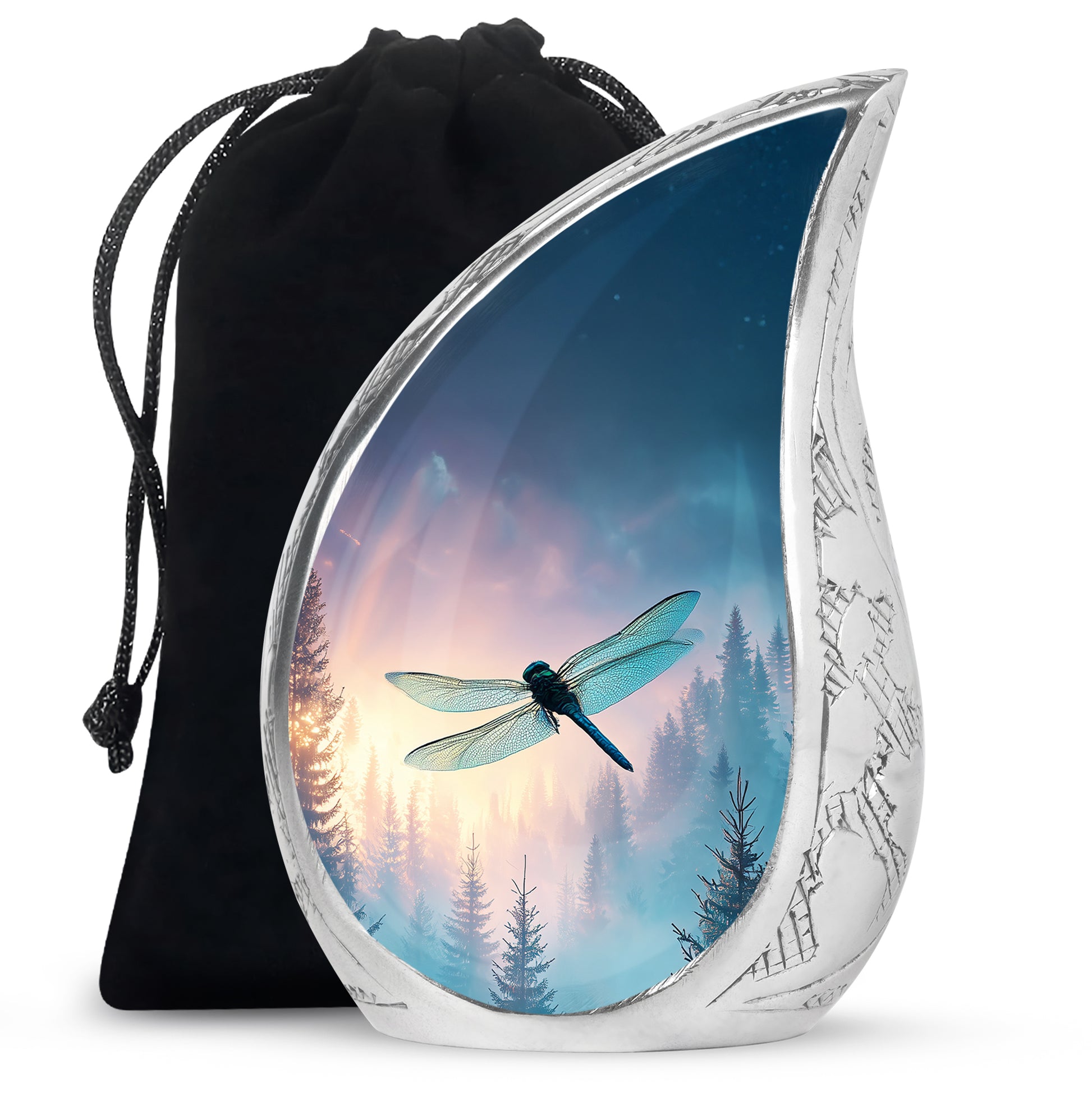 Icy Blue Dragonfly Cremation Urn front view showing detailed design - rounded teardrop dragonfly design with delicate detail - full-size 10 inch 200 cubic inch adult cremation urn