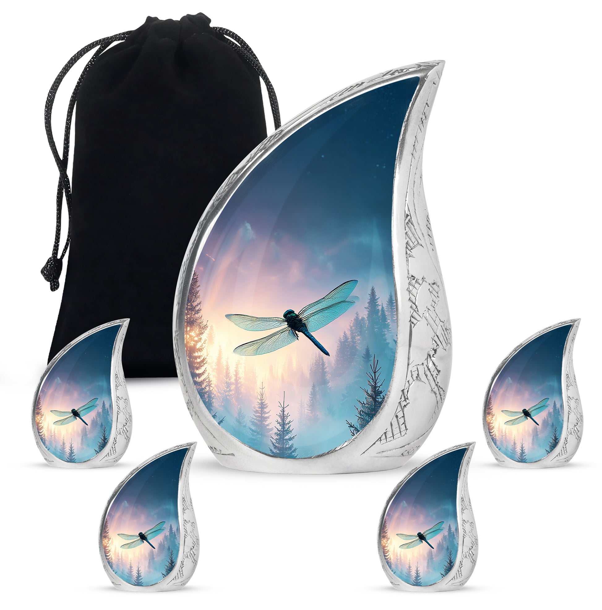 Sapphire Blue Dragonfly Cremation Urn side profile showing urn shape - smooth teardrop contour featuring dragonfly art - memorial set with one large and four small urns