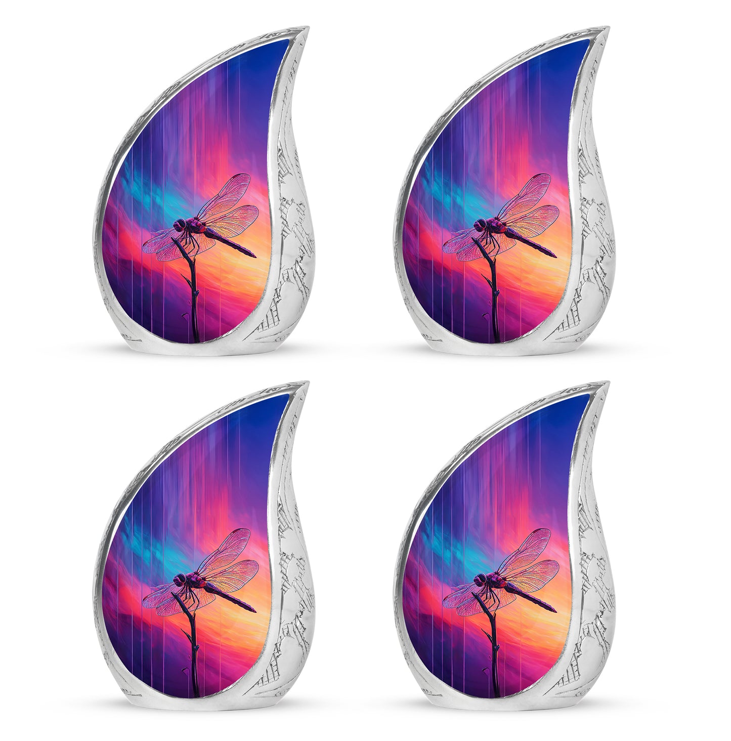Calming Blue Dragonfly Cremation Urn close-up of engraving and surface detail - smooth teardrop contour featuring dragonfly art - 10 inch aluminum urn for cremated remains
