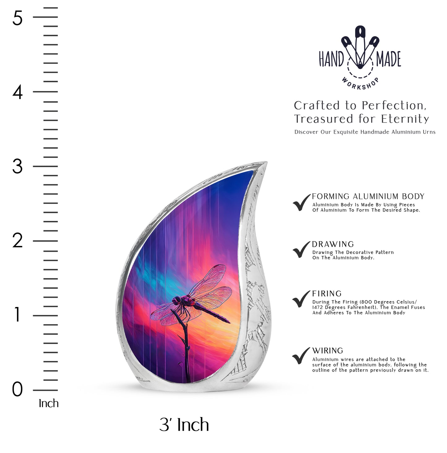 Icy Blue Dragonfly Cremation Urn angled view of lid and engraved motif - flowing teardrop dragonfly silhouette on curved aluminum - mini keepsake memorial for portion of cremation ashes