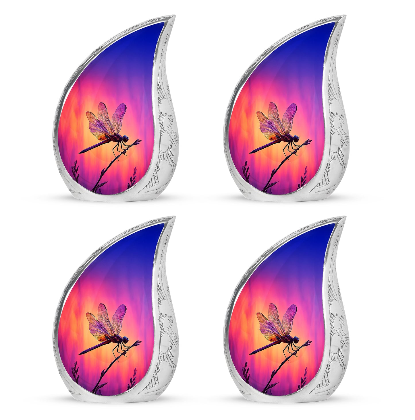 Plum Purple Dragonfly Cremation Urn close-up of engraving and surface detail - rounded teardrop dragonfly design with delicate detail - 10 inch aluminum urn for cremated remains