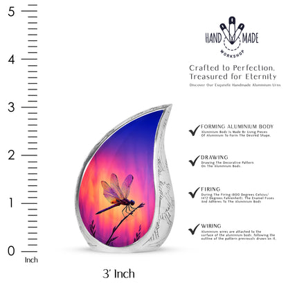 Majestic Purple Dragonfly Cremation Urn angled view of lid and engraved motif - rounded teardrop dragonfly design with delicate detail - mini keepsake memorial for portion of cremation ashes
