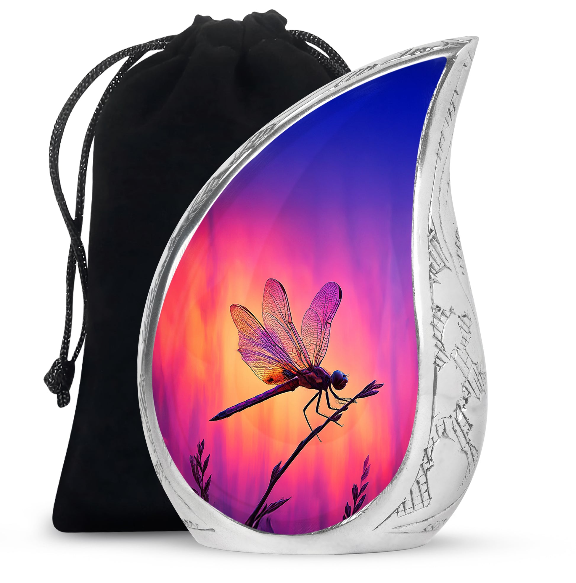 Violet Purple Dragonfly Cremation Urn front view showing detailed design - graceful tear-shaped urn with dragonfly motif - full-size 10 inch 200 cubic inch adult cremation urn