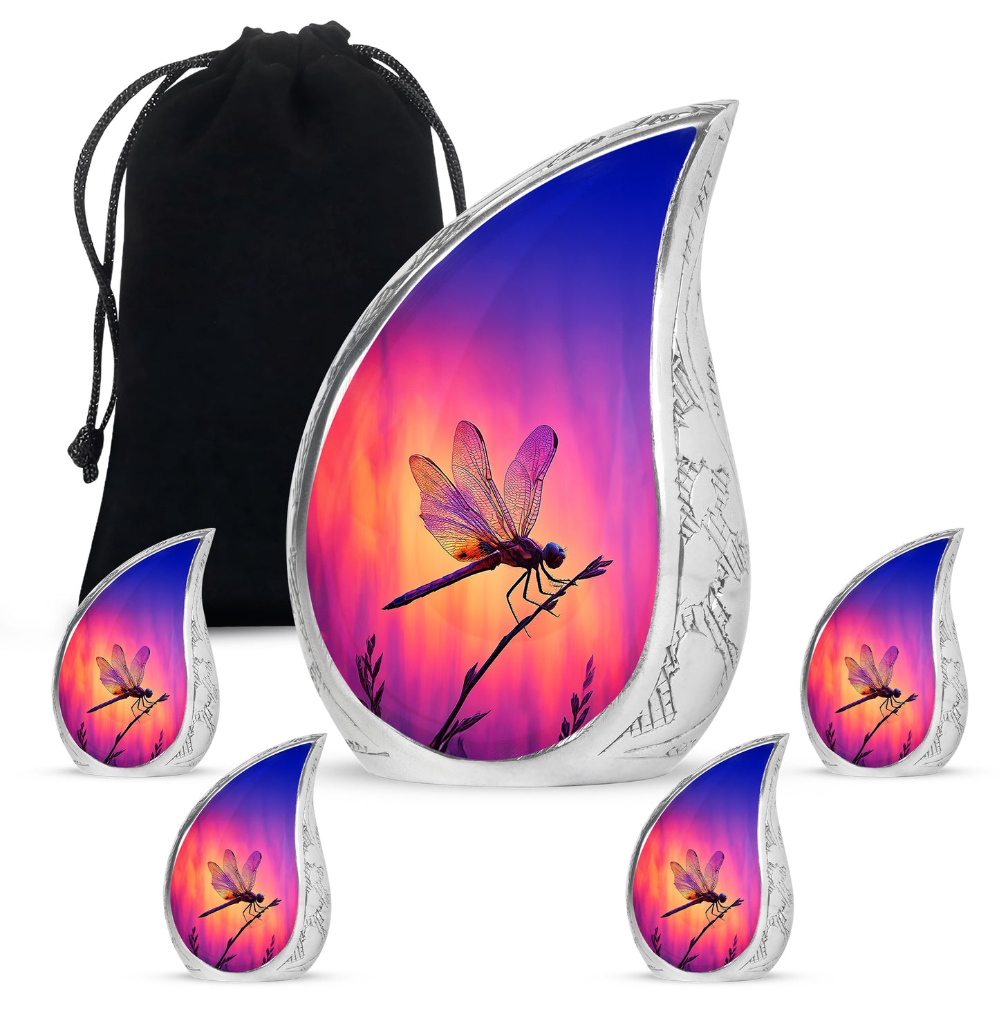 Lavender Purple Dragonfly Cremation Urn side profile showing urn shape - smooth teardrop contour featuring dragonfly art - memorial set with one large and four small urns