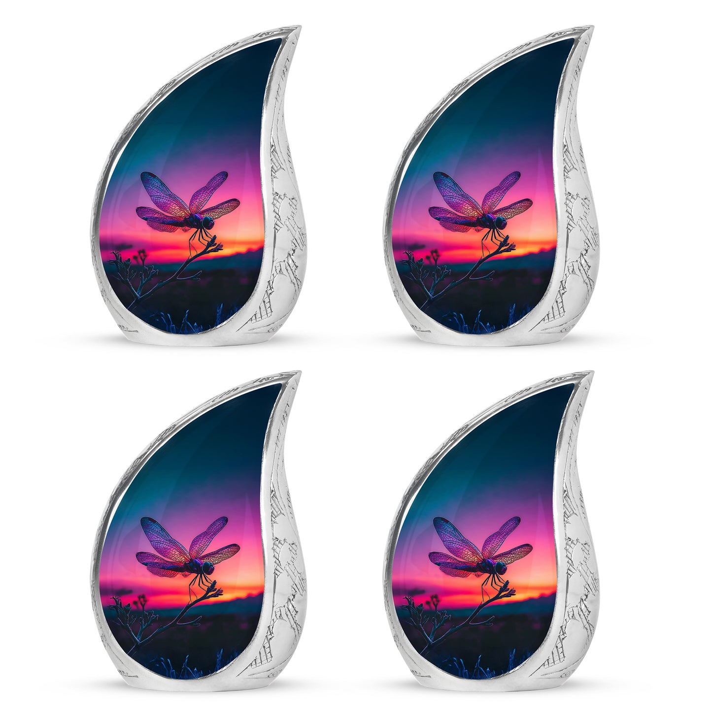 Icy Blue Dragonfly Cremation Urn close-up of engraving and surface detail - flowing teardrop dragonfly silhouette on curved aluminum - 10 inch aluminum urn for cremated remains