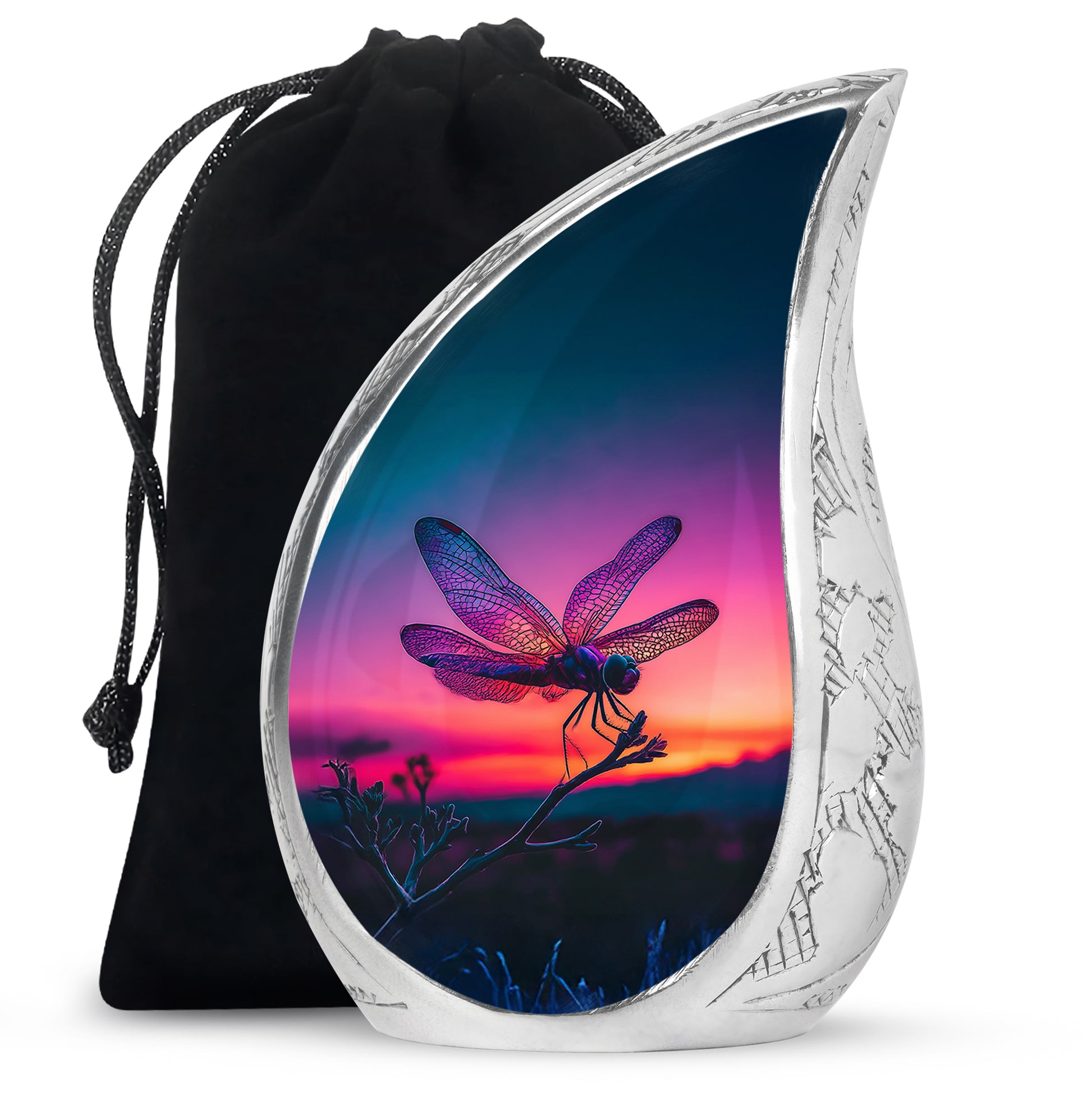 Vivid Blue Dragonfly Cremation Urn front view showing detailed design - graceful tear-shaped urn with dragonfly motif - full-size 10 inch 200 cubic inch adult cremation urn