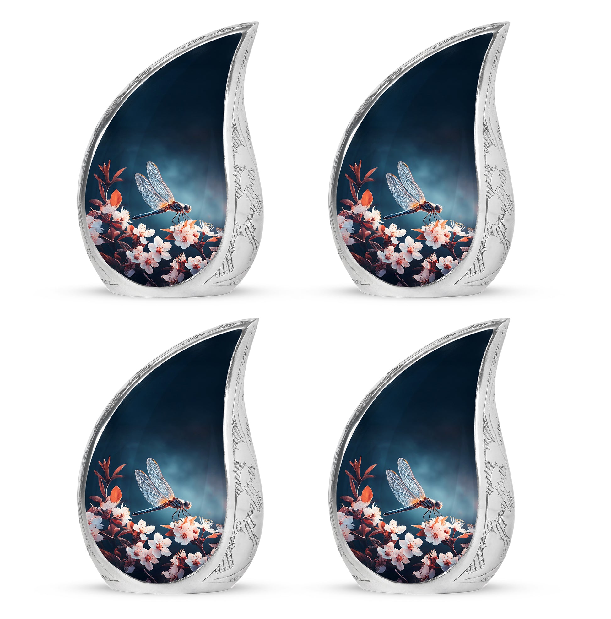 Misty Blue Dragonfly Cremation Urn close-up of engraving and surface detail - rounded teardrop dragonfly design with delicate detail - 10 inch aluminum urn for cremated remains