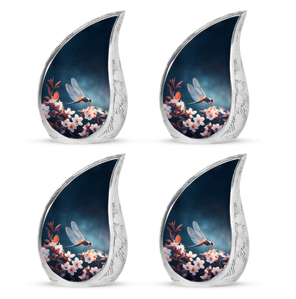 Misty Blue Dragonfly Cremation Urn close-up of engraving and surface detail - rounded teardrop dragonfly design with delicate detail - 10 inch aluminum urn for cremated remains
