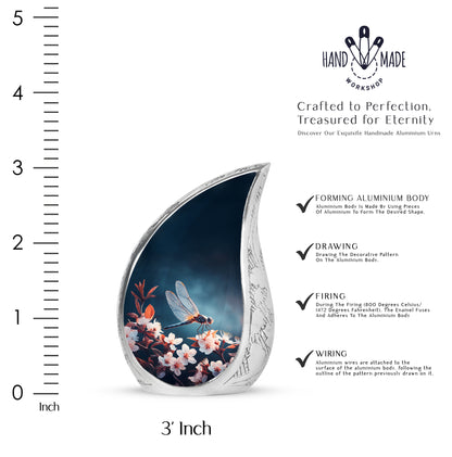 Vivid Blue Dragonfly Cremation Urn angled view of lid and engraved motif - graceful tear-shaped urn with dragonfly motif - mini keepsake memorial for portion of cremation ashes