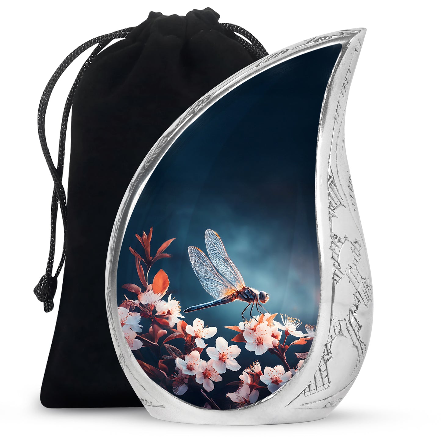 Navy Blue Dragonfly Cremation Urn front view showing detailed design - flowing teardrop dragonfly silhouette on curved aluminum - full-size 10 inch 200 cubic inch adult cremation urn