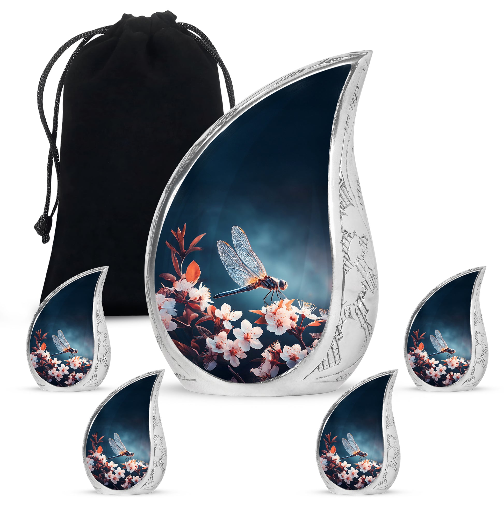 Vivid Blue Dragonfly Cremation Urn side profile showing urn shape - smooth teardrop contour featuring dragonfly art - memorial set with one large and four small urns