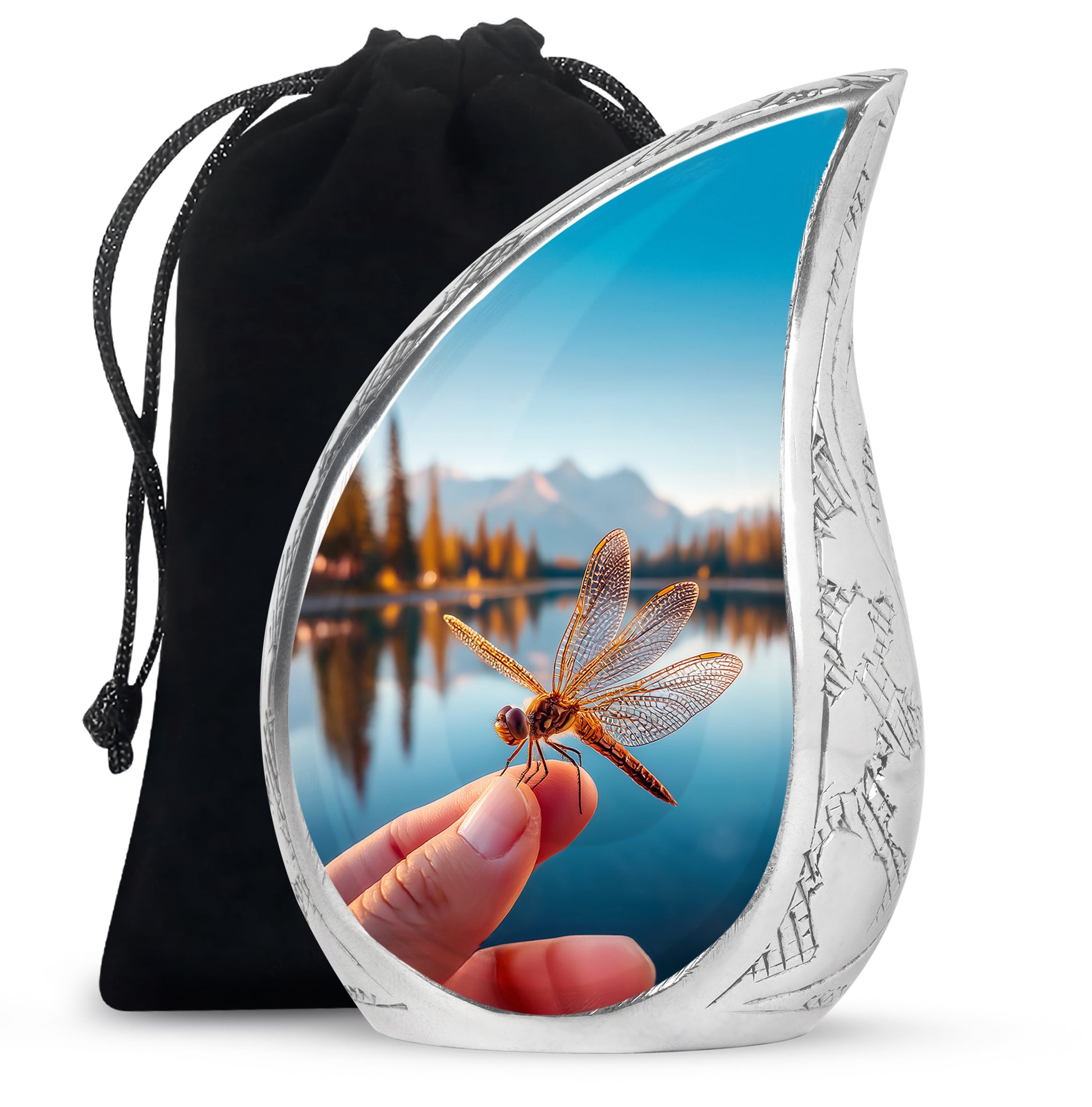 Calming Blue Dragonfly Cremation Urn front view showing detailed design - smooth teardrop contour featuring dragonfly art - full-size 10 inch 200 cubic inch adult cremation urn