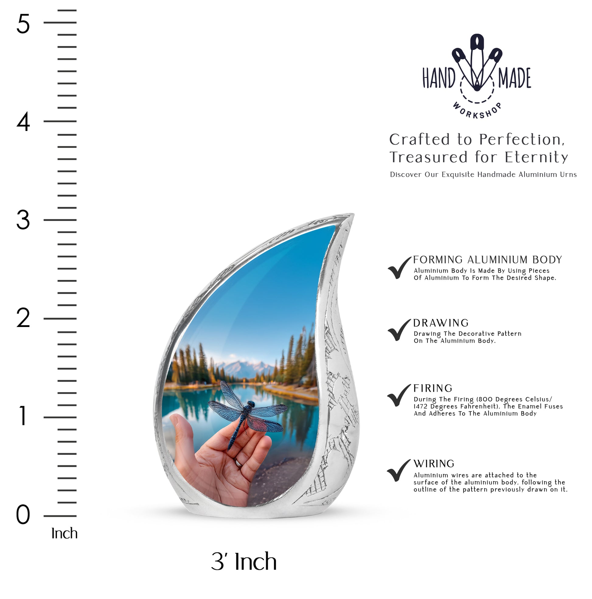Sapphire Blue Dragonfly Cremation Urn angled view of lid and engraved motif - smooth teardrop contour featuring dragonfly art - mini keepsake memorial for portion of cremation ashes