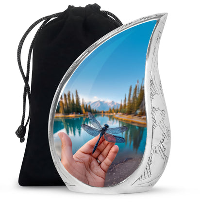 Dusty Blue Dragonfly Cremation Urn front view showing detailed design - flowing teardrop dragonfly silhouette on curved aluminum - full-size 10 inch 200 cubic inch adult cremation urn