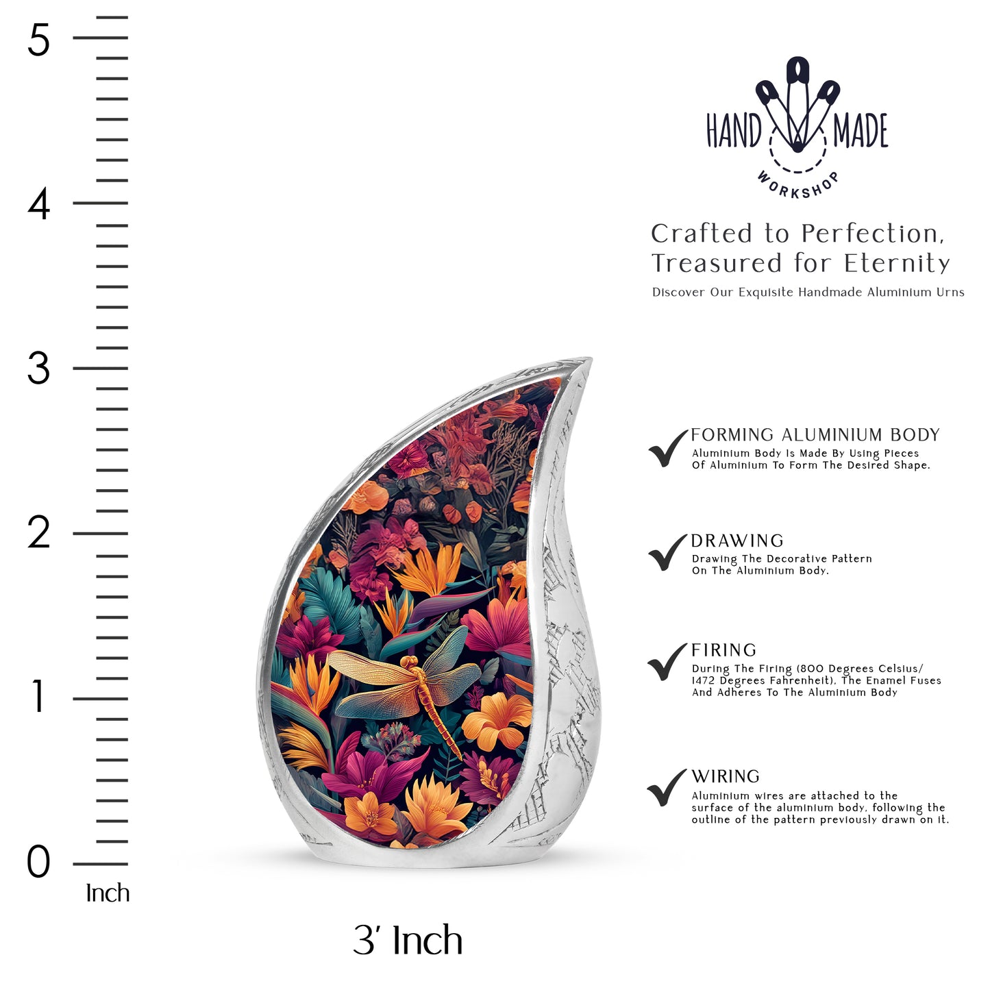 Misty Blue Dragonfly Cremation Urn angled view of lid and engraved motif - rounded teardrop dragonfly design with delicate detail - mini keepsake memorial for portion of cremation ashes