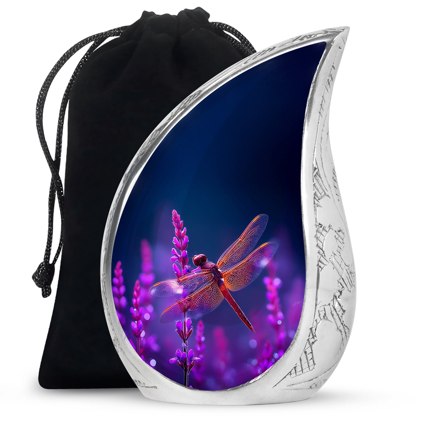 Sky Blue Dragonfly Cremation Urn front view showing detailed design - flowing teardrop dragonfly silhouette on curved aluminum - full-size 10 inch 200 cubic inch adult cremation urn