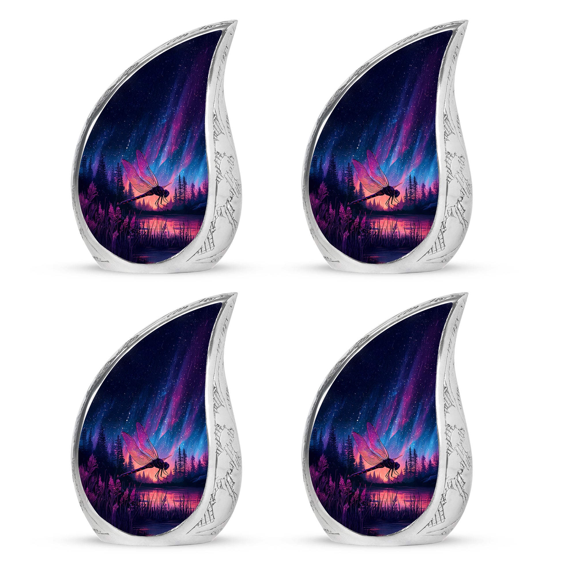 Serene Blue Dragonfly Cremation Urn close-up of engraving and surface detail - smooth teardrop contour featuring dragonfly art - 10 inch aluminum urn for cremated remains