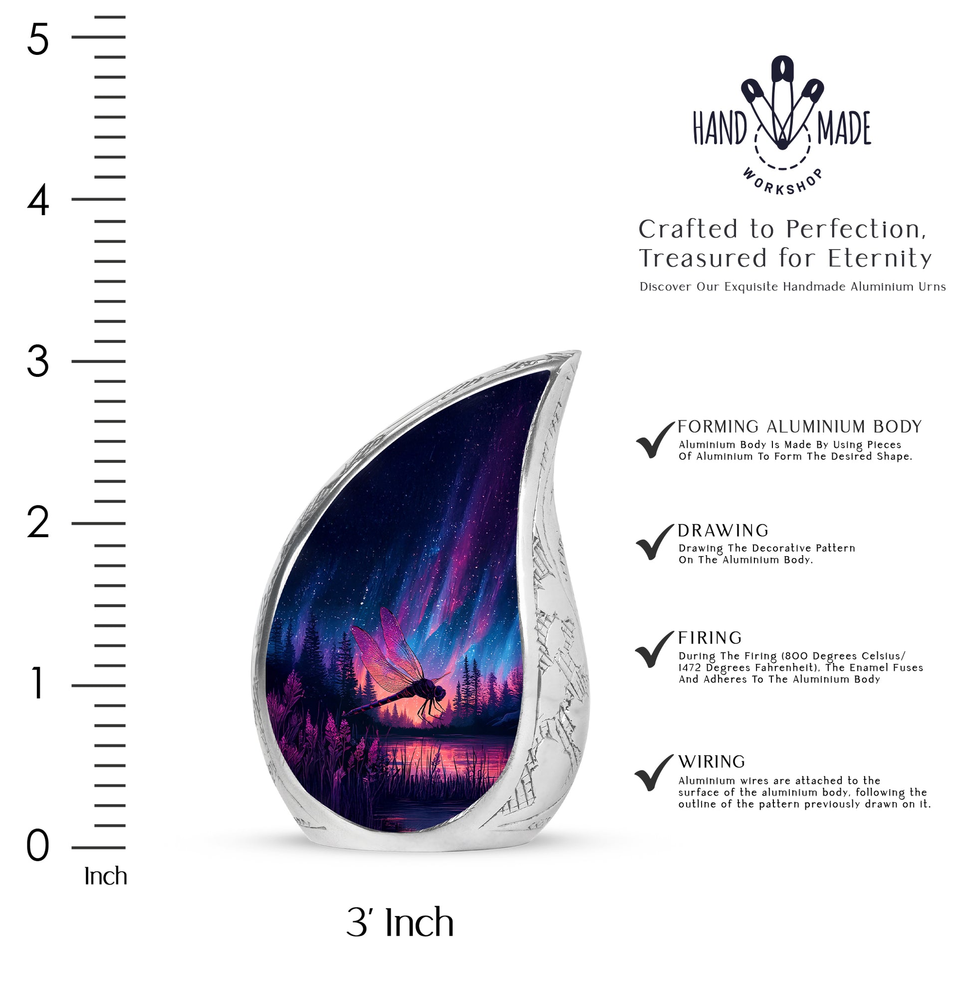 Sapphire Blue Dragonfly Cremation Urn angled view of lid and engraved motif - graceful tear-shaped urn with dragonfly motif - mini keepsake memorial for portion of cremation ashes