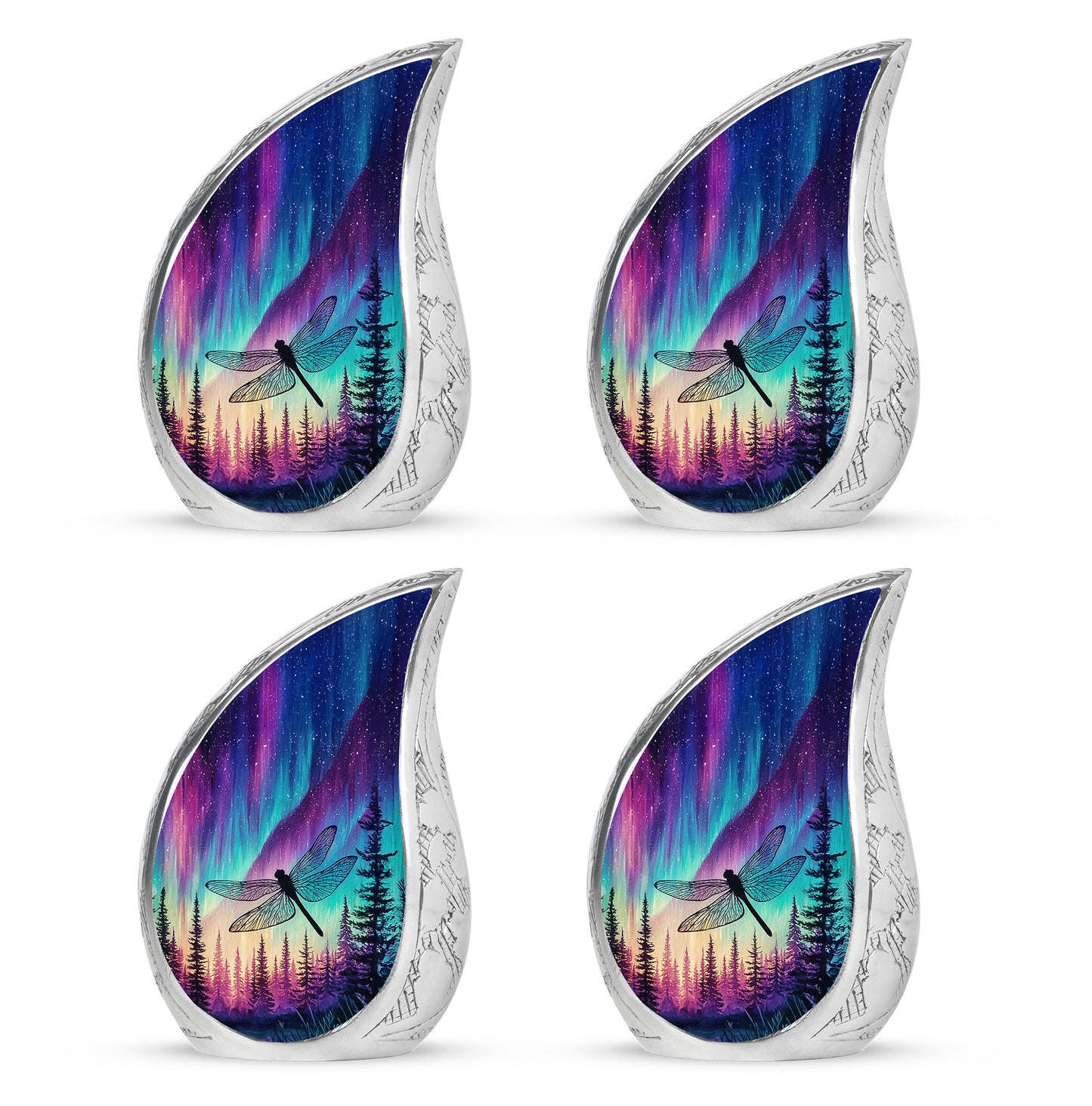 Icy Blue Dragonfly Cremation Urn close-up of engraving and surface detail - flowing teardrop dragonfly silhouette on curved aluminum - 10 inch aluminum urn for cremated remains