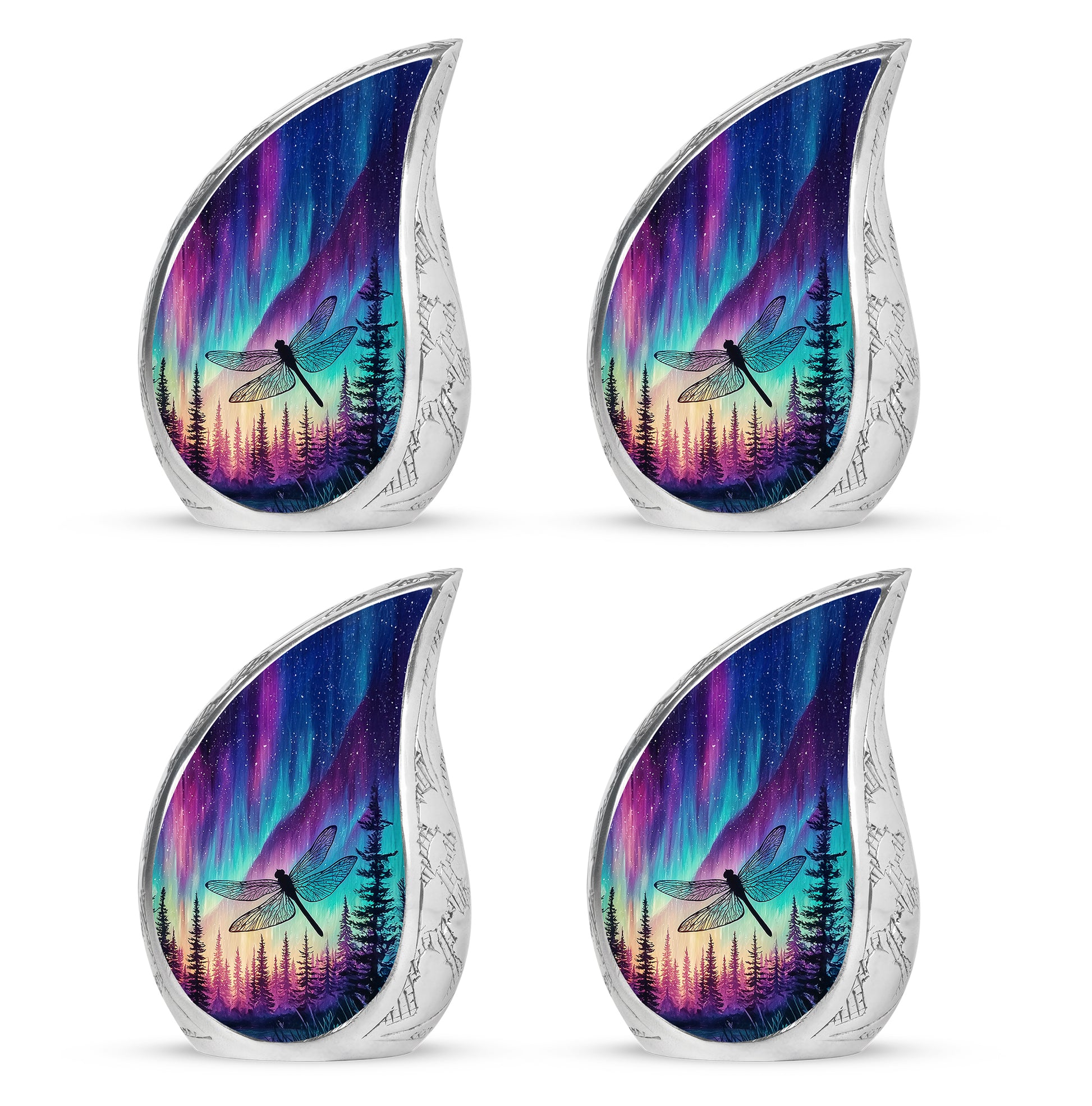 Icy Blue Dragonfly Cremation Urn close-up of engraving and surface detail - flowing teardrop dragonfly silhouette on curved aluminum - 10 inch aluminum urn for cremated remains