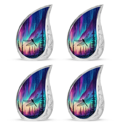 Icy Blue Dragonfly Cremation Urn close-up of engraving and surface detail - flowing teardrop dragonfly silhouette on curved aluminum - 10 inch aluminum urn for cremated remains