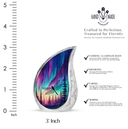 Sapphire Blue Dragonfly Cremation Urn angled view of lid and engraved motif - graceful tear-shaped urn with dragonfly motif - mini keepsake memorial for portion of cremation ashes