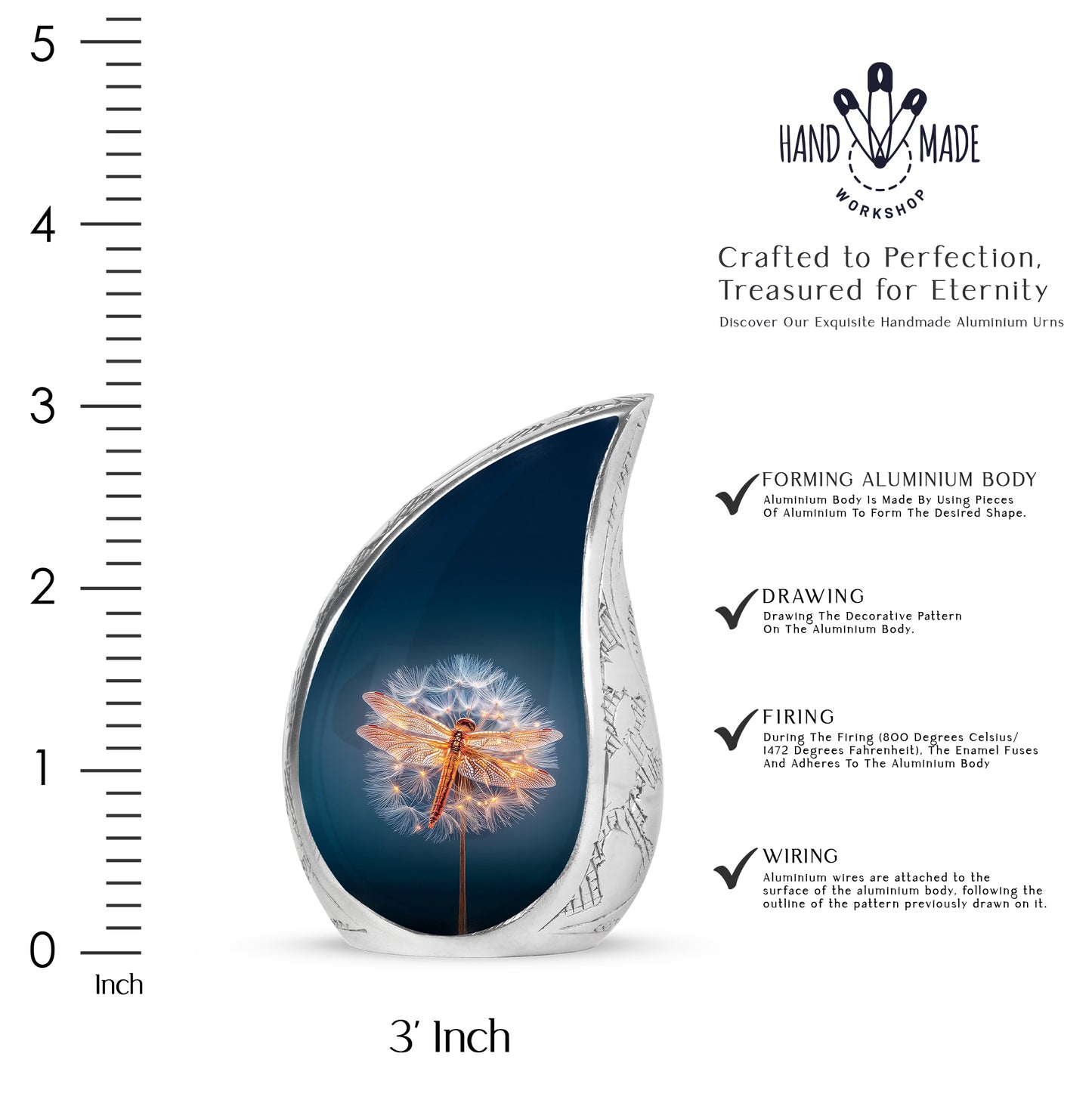 Soft Blue Dragonfly Cremation Urn angled view of lid and engraved motif - graceful tear-shaped urn with dragonfly motif - mini keepsake memorial for portion of cremation ashes
