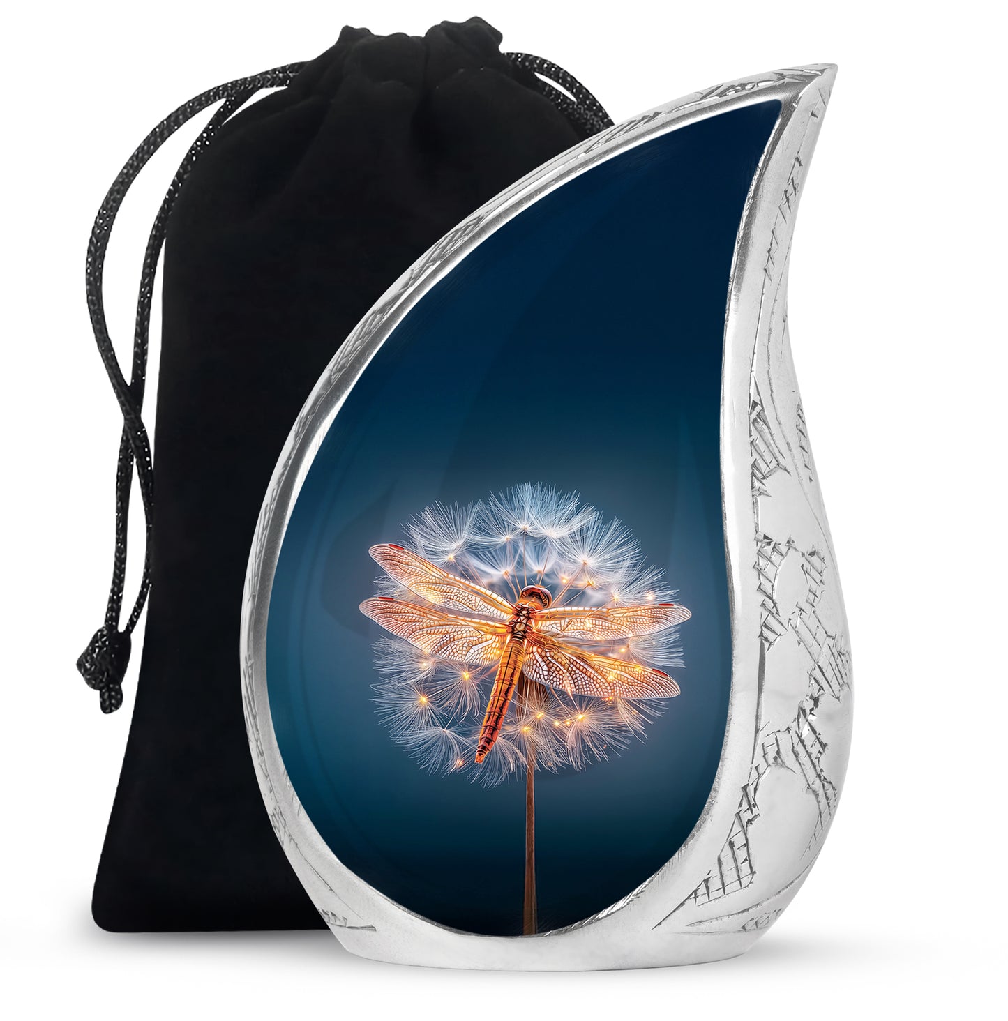 Royal Blue Dragonfly Cremation Urn front view showing detailed design - graceful tear-shaped urn with dragonfly motif - full-size 10 inch 200 cubic inch adult cremation urn