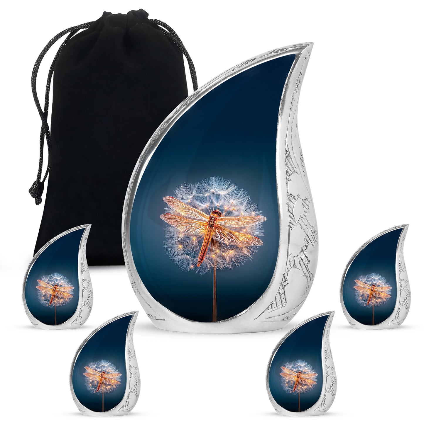 Bright Blue Dragonfly Cremation Urn side profile showing urn shape - smooth teardrop contour featuring dragonfly art - memorial set with one large and four small urns