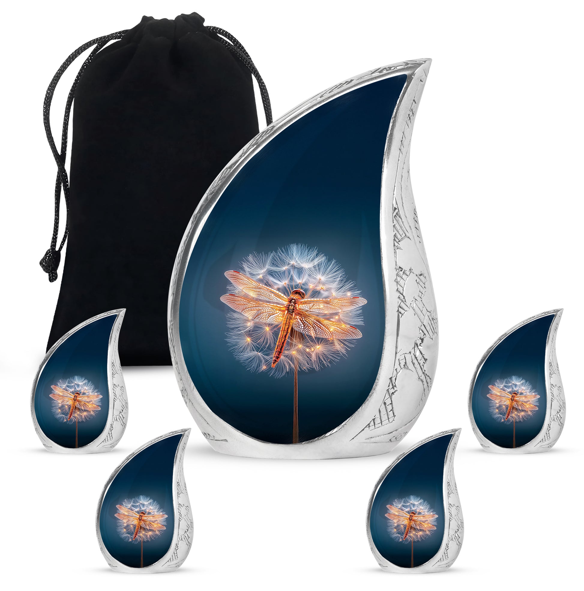Bright Blue Dragonfly Cremation Urn side profile showing urn shape - smooth teardrop contour featuring dragonfly art - memorial set with one large and four small urns