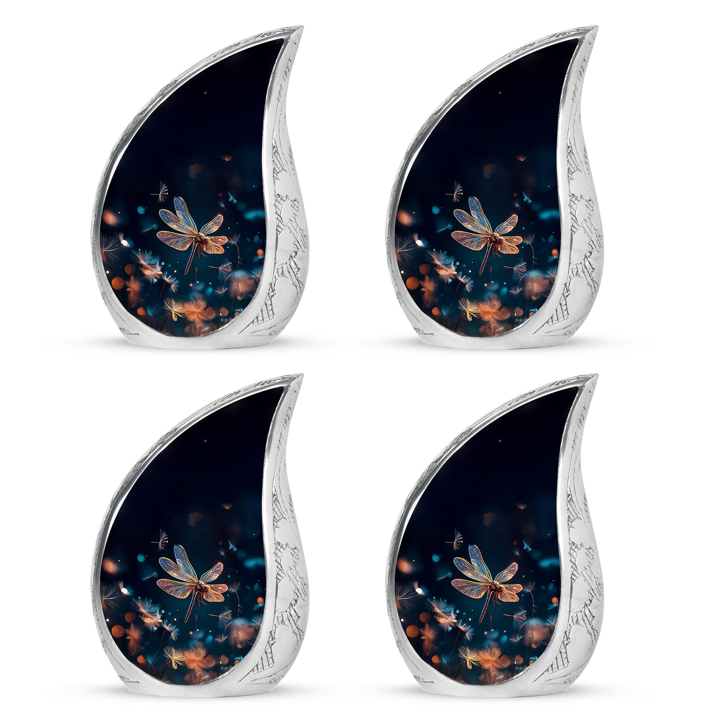 Navy Blue Dragonfly Cremation Urn close-up of engraving and surface detail - flowing teardrop dragonfly silhouette on curved aluminum - 10 inch aluminum urn for cremated remains