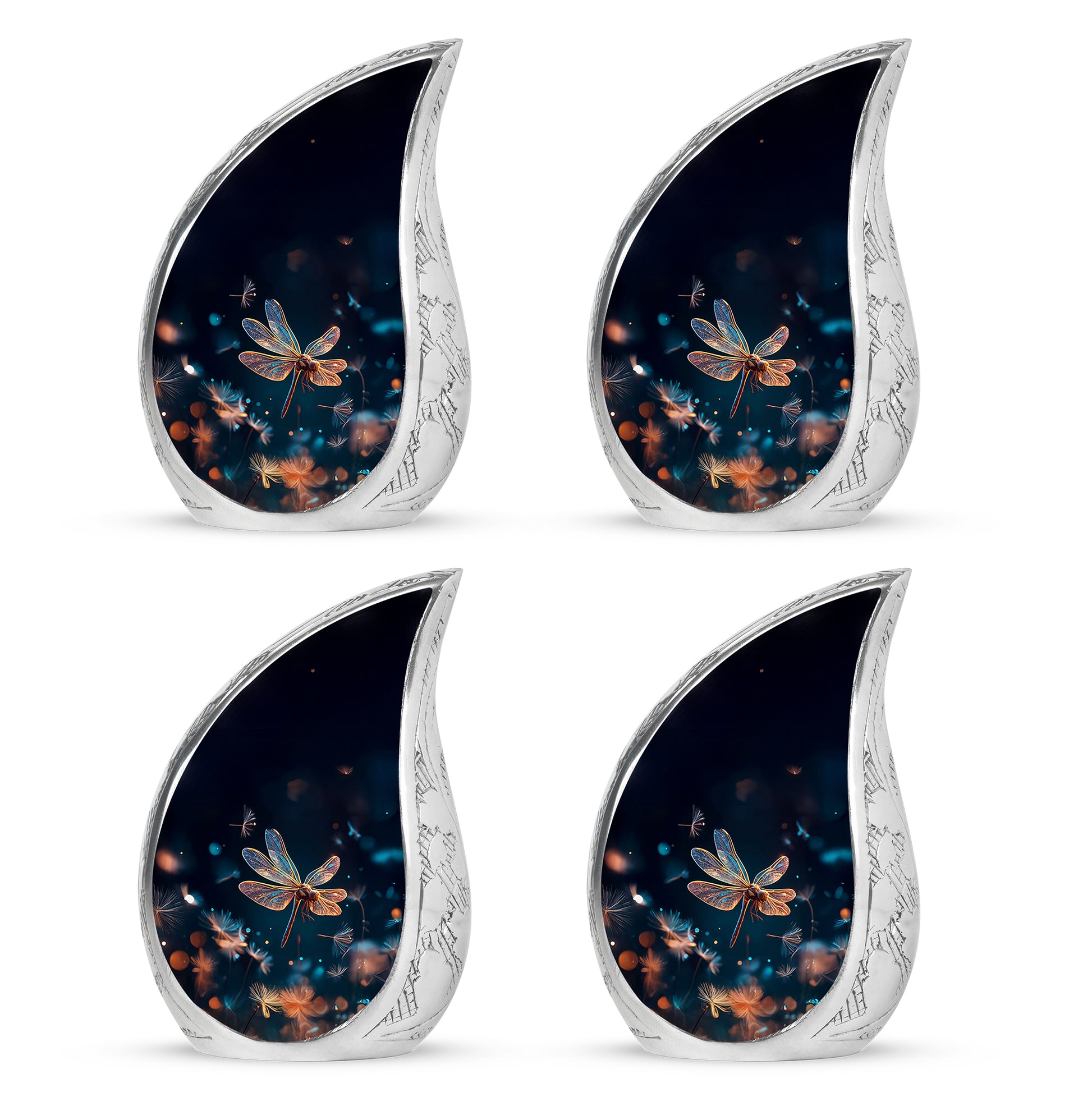 Navy Blue Dragonfly Cremation Urn close-up of engraving and surface detail - flowing teardrop dragonfly silhouette on curved aluminum - 10 inch aluminum urn for cremated remains