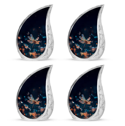 Navy Blue Dragonfly Cremation Urn close-up of engraving and surface detail - flowing teardrop dragonfly silhouette on curved aluminum - 10 inch aluminum urn for cremated remains