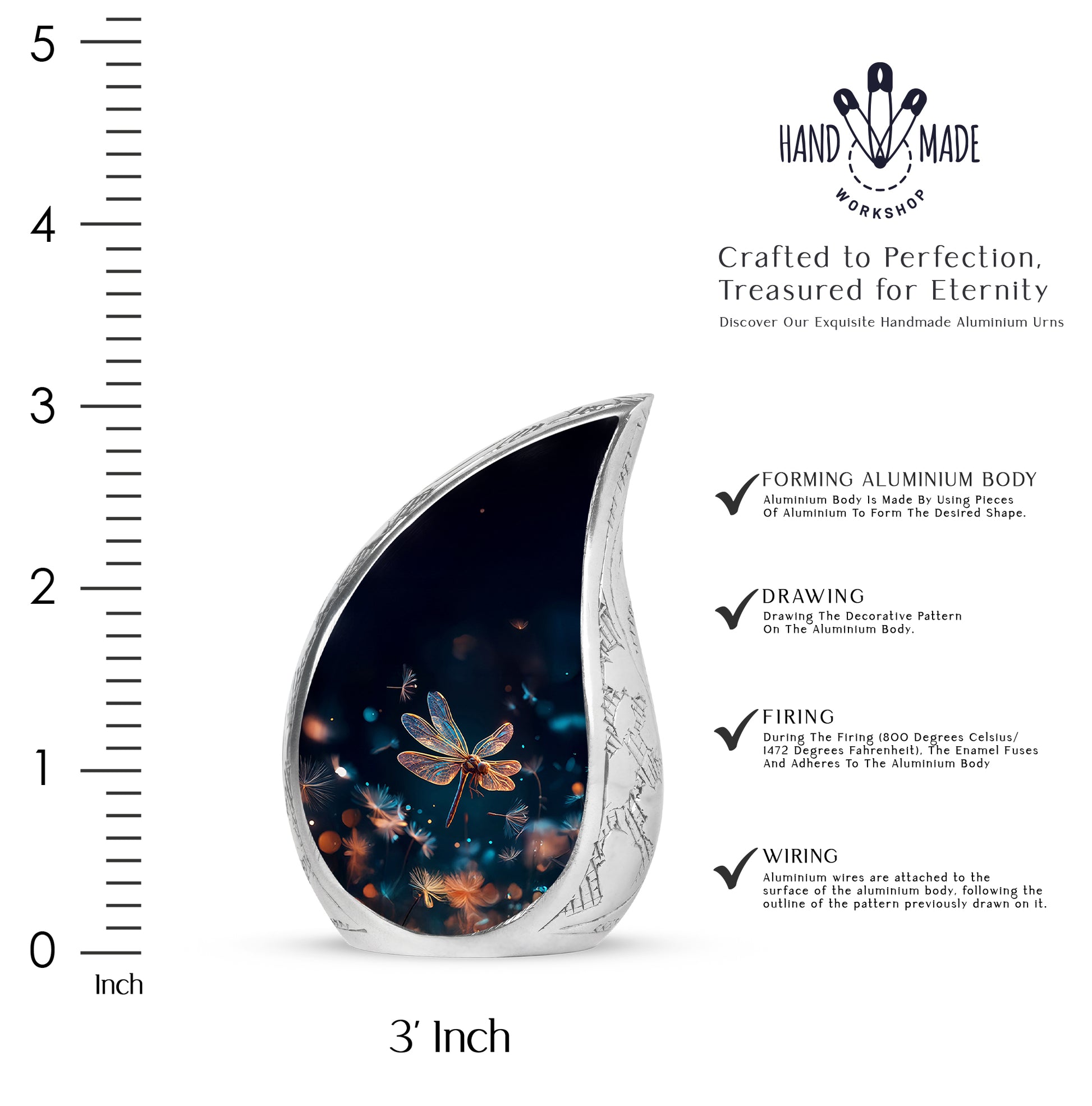 Sky Blue Dragonfly Cremation Urn angled view of lid and engraved motif - flowing teardrop dragonfly silhouette on curved aluminum - mini keepsake memorial for portion of cremation ashes