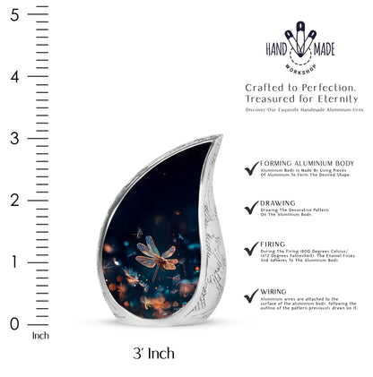 Sky Blue Dragonfly Cremation Urn angled view of lid and engraved motif - flowing teardrop dragonfly silhouette on curved aluminum - mini keepsake memorial for portion of cremation ashes