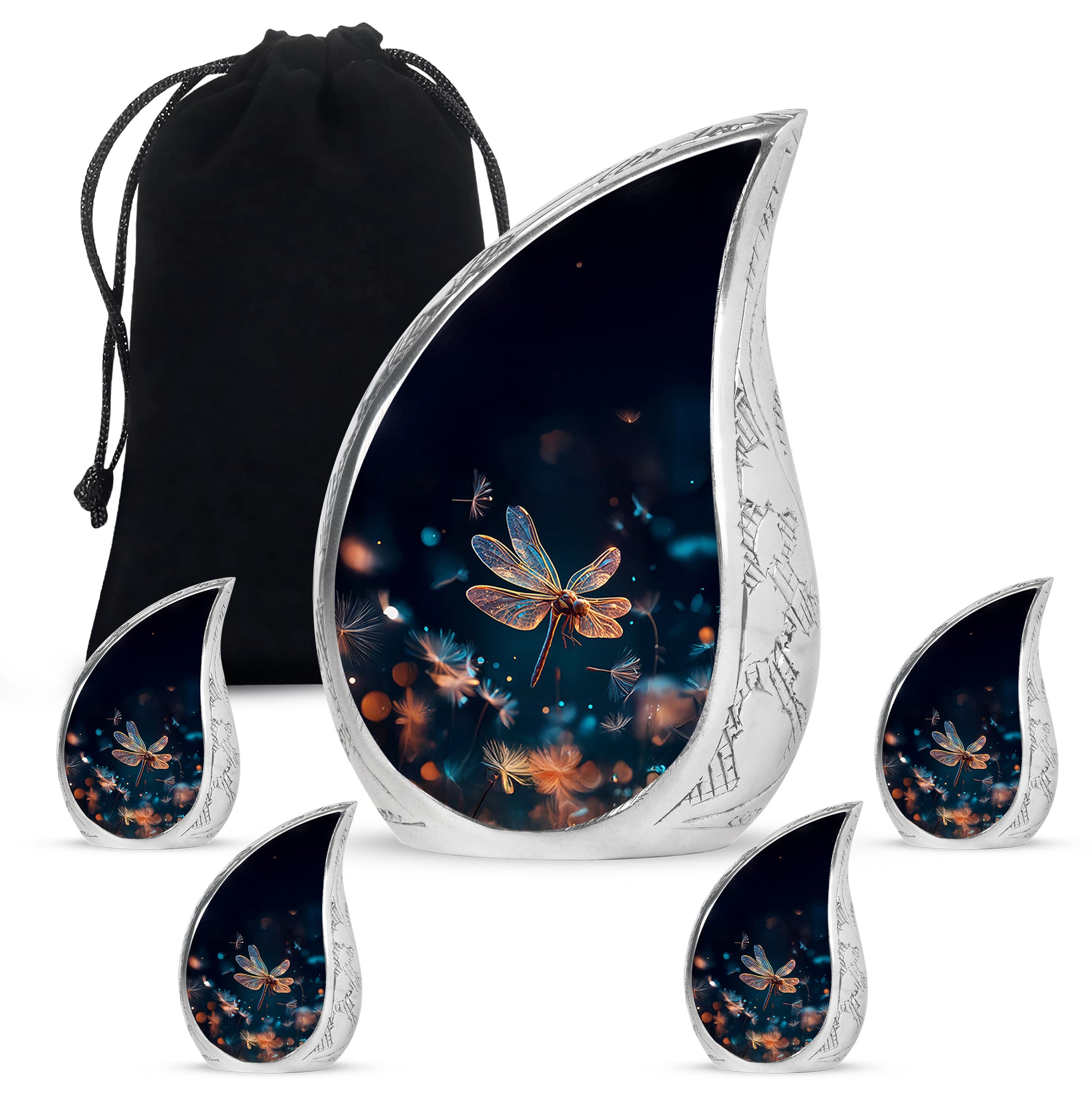 Vivid Blue Dragonfly Cremation Urn side profile showing urn shape - smooth teardrop contour featuring dragonfly art - memorial set with one large and four small urns
