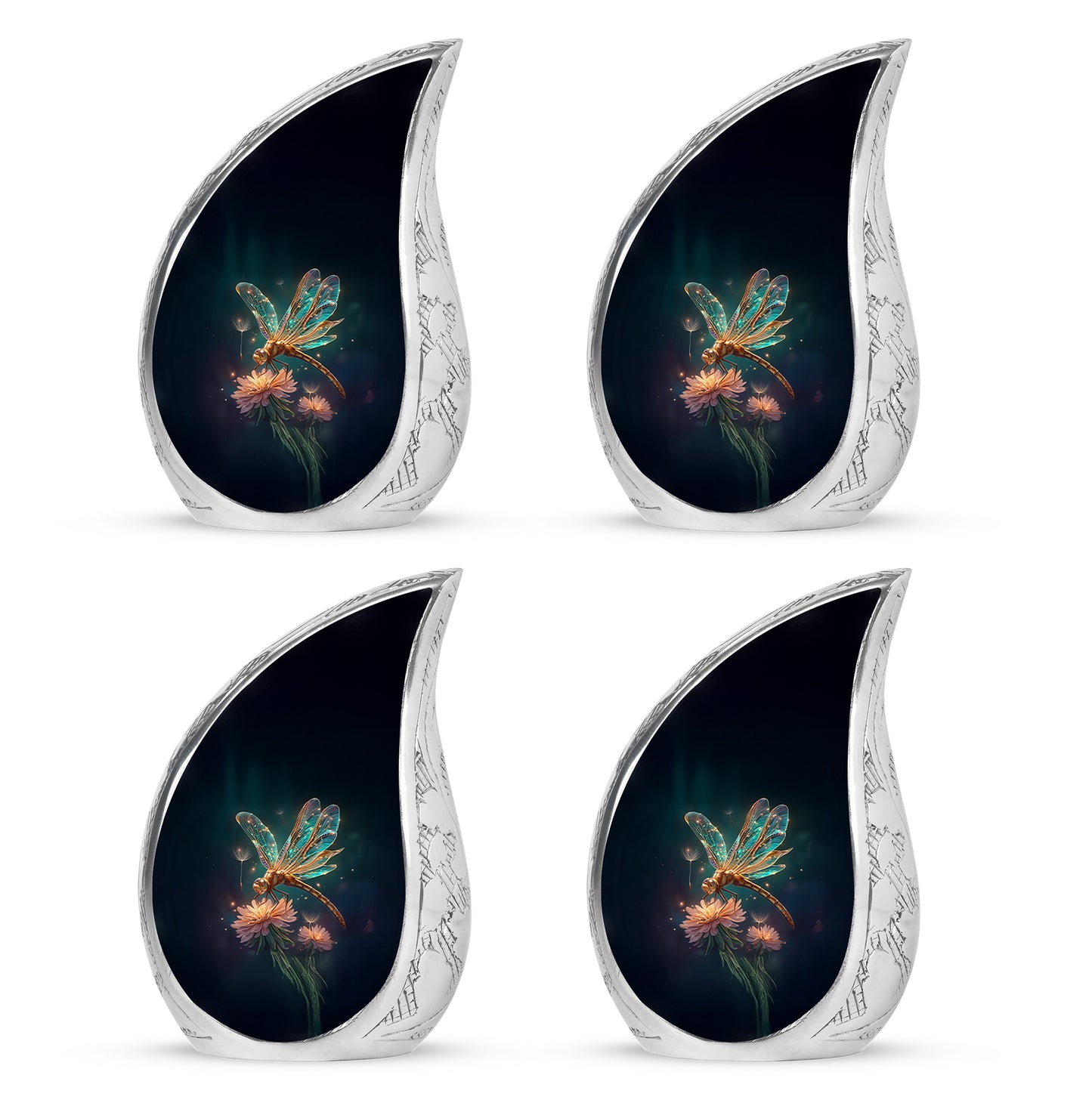 Dusty Blue Dragonfly Cremation Urn close-up of engraving and surface detail - flowing teardrop dragonfly silhouette on curved aluminum - 10 inch aluminum urn for cremated remains